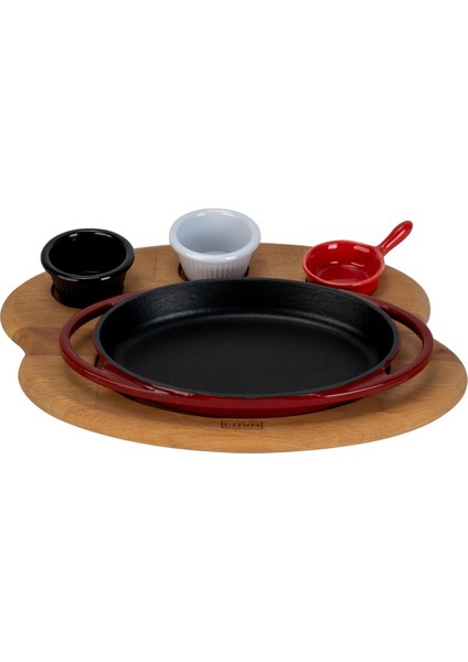 Döküm Oval Sahan Döküm Demir Yekpare Çift Kulplu Kayın Servis Ahşabı Ölçü 21X14CM. (Sos Kapları Dahil Değildir.)-Bordo