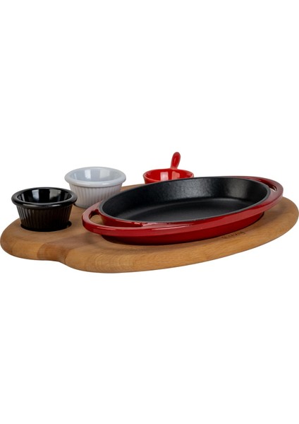 Döküm Oval Sahan Döküm Demir Yekpare Çift Kulplu Kayın Servis Ahşabı Ölçü 21X14CM. (Sos Kapları Dahil Değildir.)-Bordo fiyatları