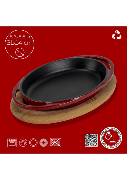 Döküm Oval Sahan Döküm Demir Yekpare Çift Kulplu Kayın Servis Ahşabı Ölçü 21X14CM. (Sos Kapları Dahil Değildir.)-Bordo fırsatları