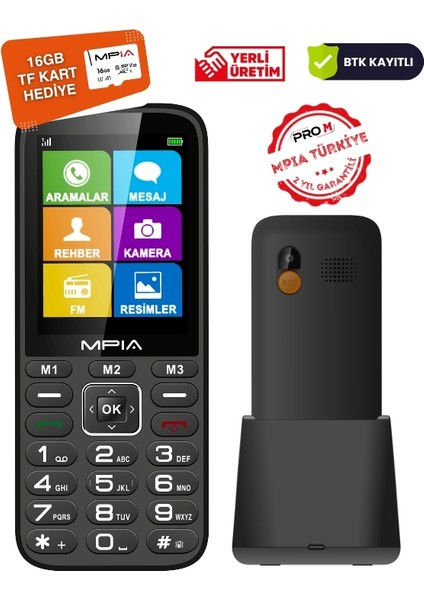Mpıa Yerli Üretim Kameralı Türkiyede Ilk Sesli Menü ve Aramalı Büyük Ekran Tuşlu Cep Telefonu 16GB Hediye