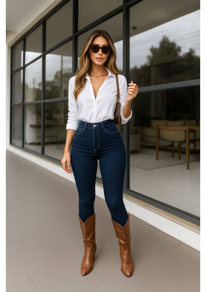 Kadın Yüksek Bel Süper Skinny Koyu Mavi Jean Pantolon modelleri