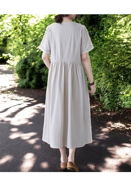 V Yaka Rahat Keten Elbise fiyatları