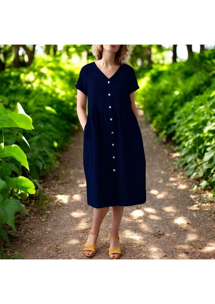 Yazlık Kısa Kol V Yaka Keten Elbise