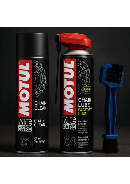 C1 Zincir Temizleyici + Chain Lube Factory Line C4 Zincir Yağlayıcı + Zincir Fırçası Seti
