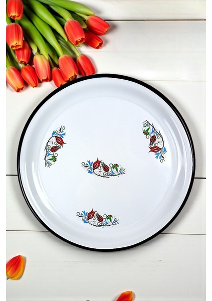 40 No Emaye Sini Sofra, Yemek Sunum Tepsi, Yer Sofrası Çinko ~38 cm