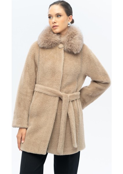 Çıkabilir Kürklü Inci Detaylı Peluş Kaban Vizon 3098-TK