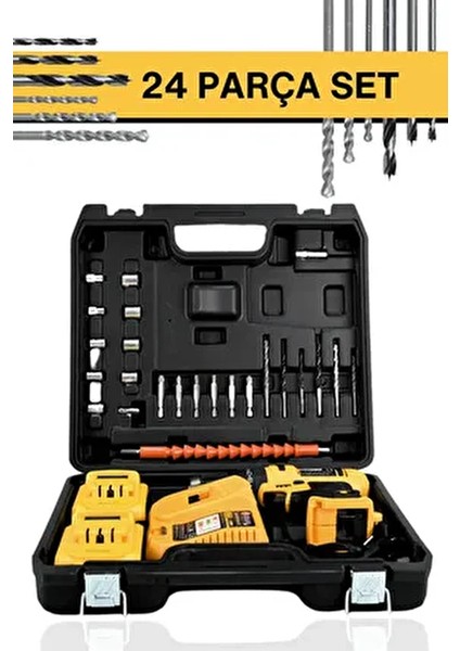 Şarjlı Matkap 21 V Darbeli Çift Li-On Akü 24 Parça Uç Hediyeli