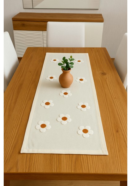 Papatya Desenli Punch Panç Nakışlı Keten Runner Masa Örtüsü 40 x 110 cm