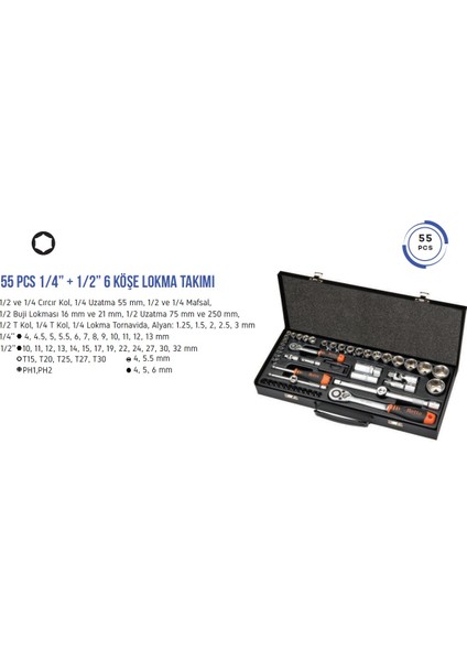 1/2"-1/4" Lokma Takımı 6 Köşe 56 Parça fiyatları