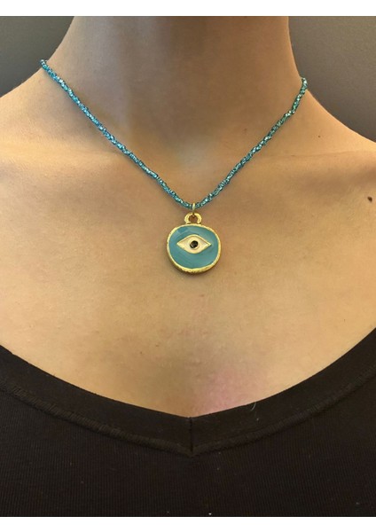Çelik Turkuaz Göz Uçlu Boncuklu Kadın Kolye 21 cm fiyatları
