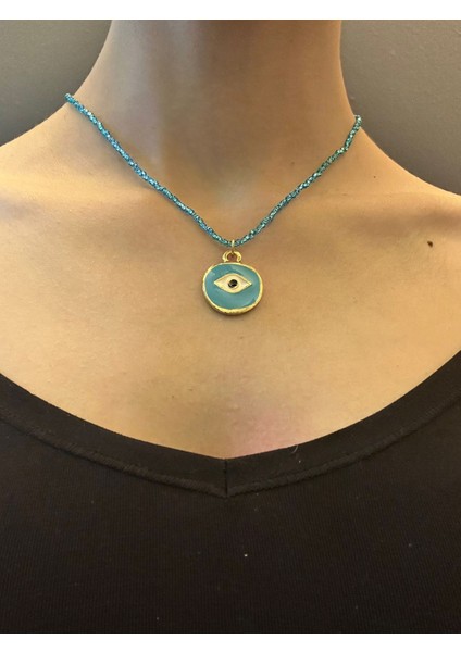 Çelik Turkuaz Göz Uçlu Boncuklu Kadın Kolye 21 cm modelleri