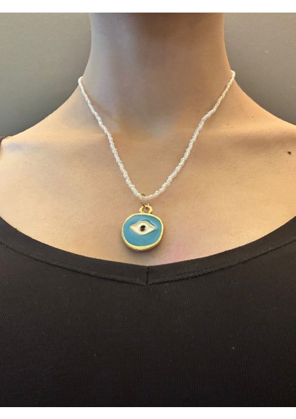 Çelik Turkuaz Göz Uçlu Boncuklu Kadın Kolye 21 cm