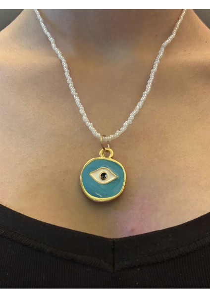 Çelik Turkuaz Göz Uçlu Boncuklu Kadın Kolye 21 cm modelleri