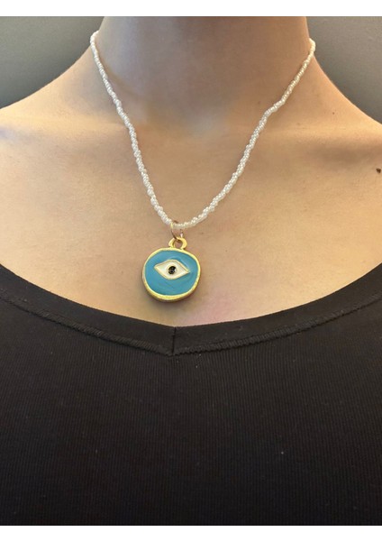 Çelik Turkuaz Göz Uçlu Boncuklu Kadın Kolye 21 cm indirimleri