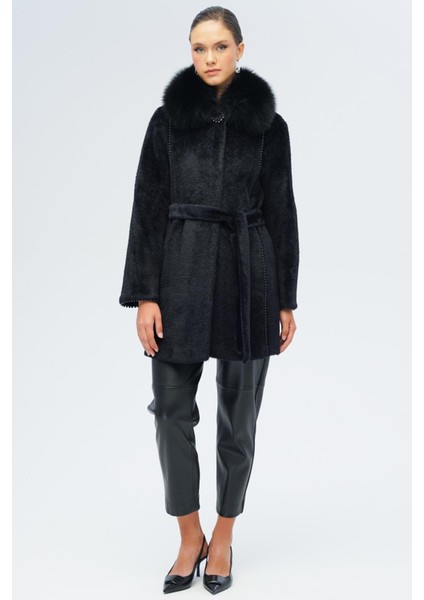 Çıkabilir Kürklü Inci Detaylı Peluş Kaban Siyah 3098-TK modelleri