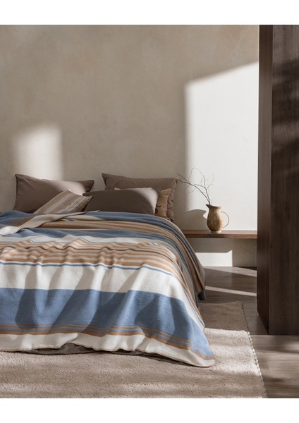 Saulet Tek Kişilik Jakarlı Pamuklu Battaniye - Açık Mavi/bej