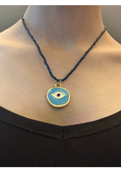 Çelik Turkuaz Göz Uçlu Boncuklu Kadın Kolye 21 cm