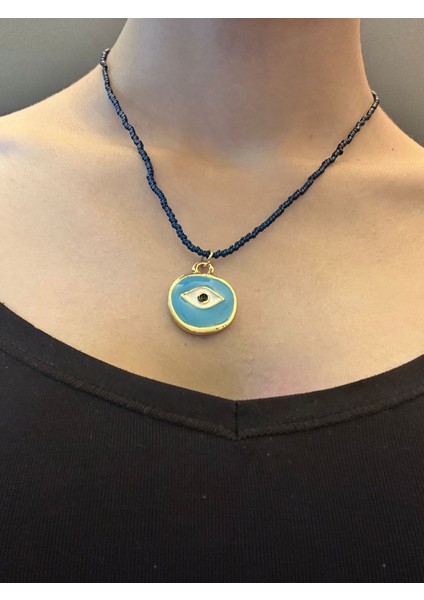 Çelik Turkuaz Göz Uçlu Boncuklu Kadın Kolye 21 cm modelleri