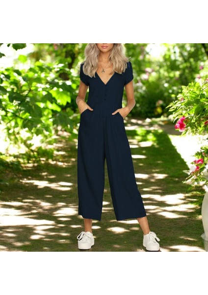 Yazlık V Yaka Kısa Paça Şık Keten Tulum fiyatları