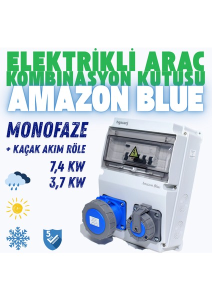 "Amazon Blue'' Monofaze Elektrikli Araç Kombinasyon Kutusu, Tesla Blue Adaptöre Uyumlu, V i k o/P a n a s o n i c