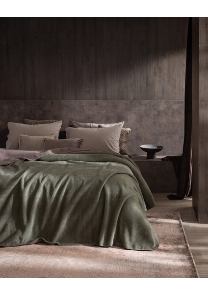 Caureo Tek Kişilik Jakarlı Pamuklu Battaniye - Haki/vizon