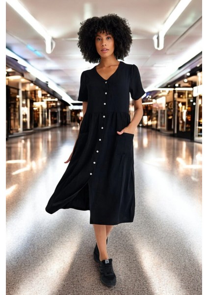 Beli Büzgülü V Yaka Keten Elbise