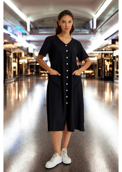 V Yaka Beli Büzgülü Keten Elbise