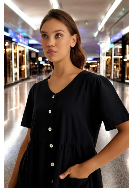 V Yaka Beli Büzgülü Keten Elbise indirimleri