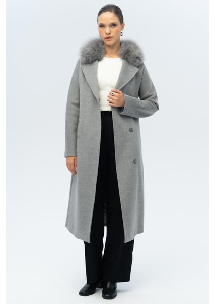 Yarasa Kol Yakası Çıkabilir Kürklü Punto Dikiş Detaylı Kaşmir Kaban Gri 3120-TK