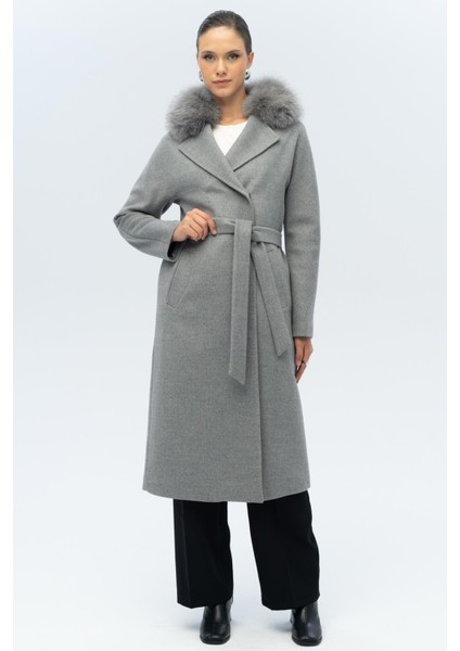 Yarasa Kol Yakası Çıkabilir Kürklü Punto Dikiş Detaylı Kaşmir Kaban Gri 3120-TK fiyatları