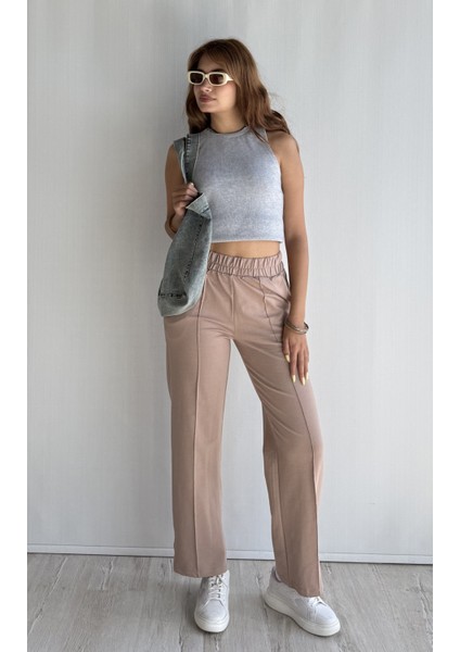 Kadın Lastikli Yüksek Bel Yırtmaçlı Bol Paça Pantolon