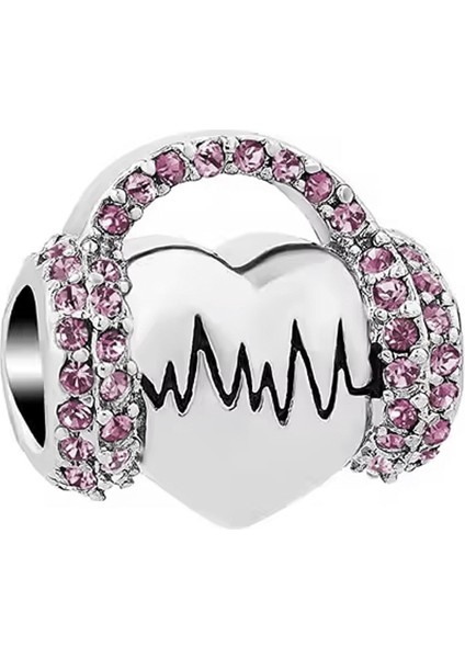 Taşlı Kulaklıklı Kalp Gümüş Charm