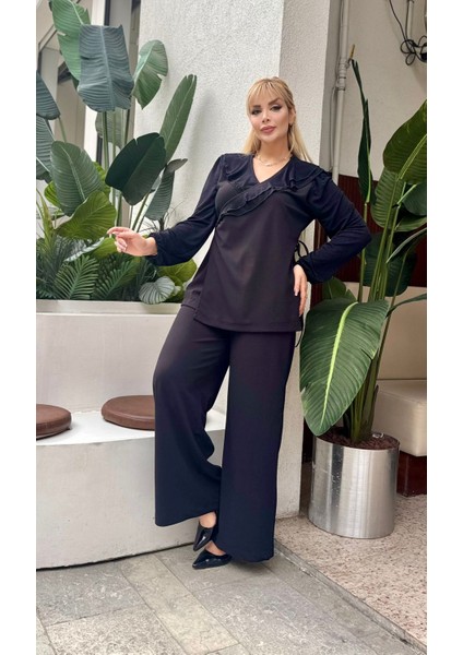 Kadın Büyük Beden Kruvaze Bağlamalı Yaka, Cepli Bol Paça Likralı Scuba Krep Abiye Takım