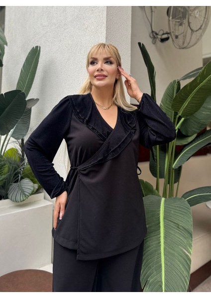 Kadın Büyük Beden Kruvaze Bağlamalı Yaka, Cepli Bol Paça Likralı Scuba Krep Abiye Takım fiyatları