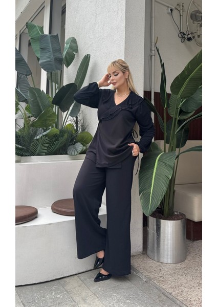 Kadın Büyük Beden Kruvaze Bağlamalı Yaka, Cepli Bol Paça Likralı Scuba Krep Abiye Takım modelleri