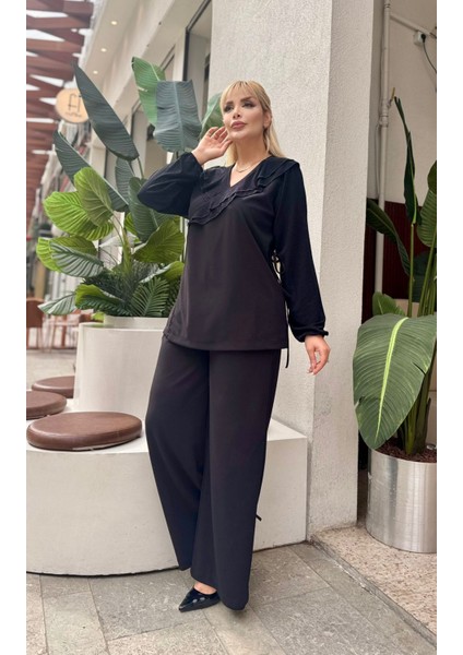 Kadın Büyük Beden Kruvaze Bağlamalı Yaka, Cepli Bol Paça Likralı Scuba Krep Abiye Takım fırsatları