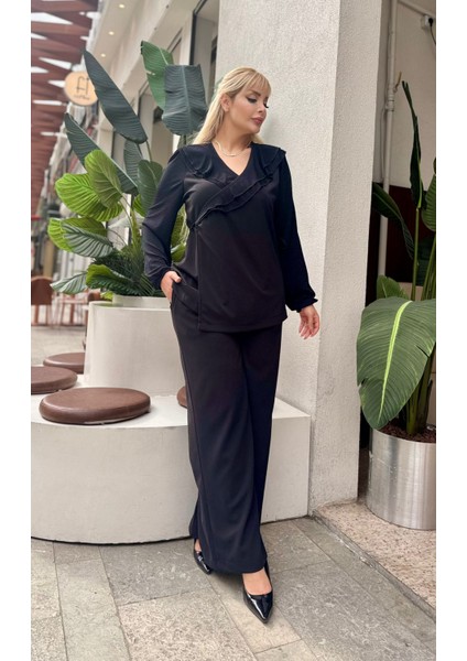 Kadın Büyük Beden Kruvaze Bağlamalı Yaka, Cepli Bol Paça Likralı Scuba Krep Abiye Takım indirimleri