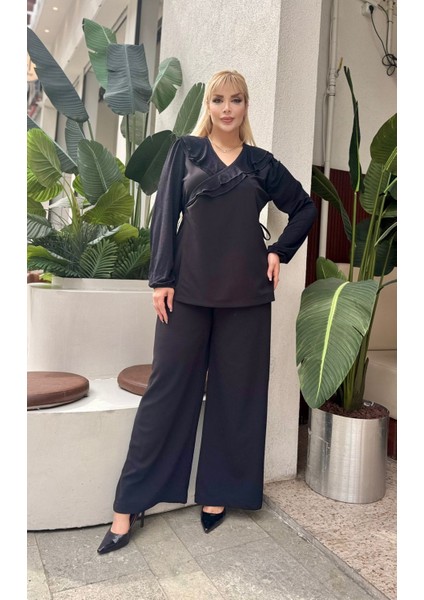 Kadın Büyük Beden Kruvaze Bağlamalı Yaka, Cepli Bol Paça Likralı Scuba Krep Abiye Takım