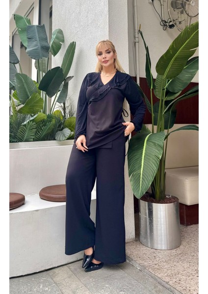 Kadın Büyük Beden Kruvaze Bağlamalı Yaka, Cepli Bol Paça Likralı Scuba Krep Abiye Takım