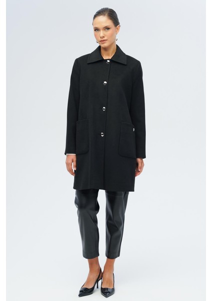 Gömlek Yaka Torba Cep Detaylı Büyük Beden Kaban Siyah 3132