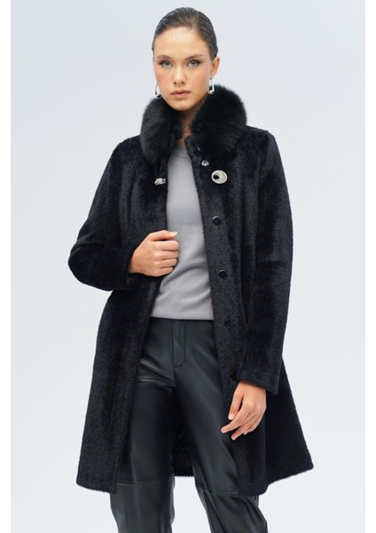Yakası Çıkabilir Kürklü Özel Çıt Çıt Detaylı Premium Peluş Kaban Siyah 3121-TK