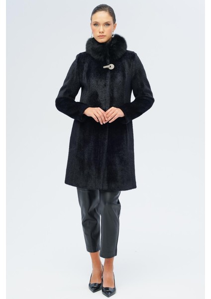 Yakası Çıkabilir Kürklü Özel Çıt Çıt Detaylı Premium Peluş Kaban Siyah 3121-TK modelleri
