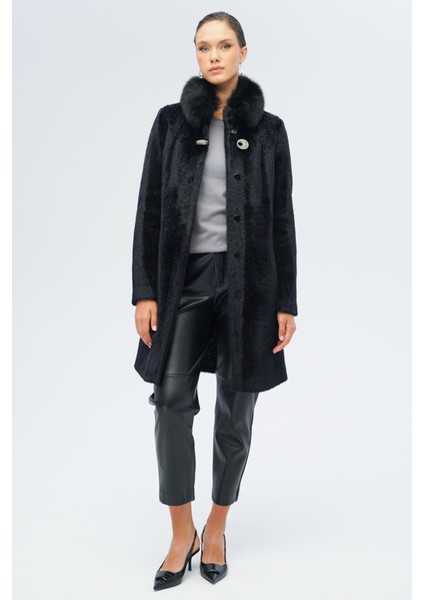 Yakası Çıkabilir Kürklü Özel Çıt Çıt Detaylı Premium Peluş Kaban Siyah 3121-TK fırsatları