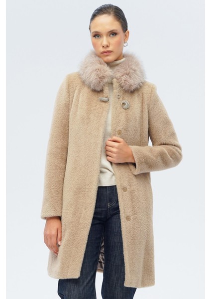 Yakası Çıkabilir Kürklü Özel Çıt Çıt Detaylı Premium Peluş Kaban Vizon 3121-TK