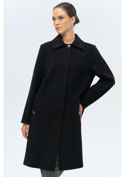 Gömlek Yaka Punto Detaylı Büyük Beden Kaban Siyah 3117