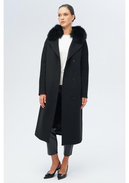 Yarasa Kol Yakası Çıkabilir Kürklü Punto Dikiş Detaylı Kaşmir Kaban Siyah 3120-TK fiyatları