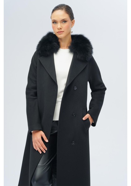 Yarasa Kol Yakası Çıkabilir Kürklü Punto Dikiş Detaylı Kaşmir Kaban Siyah 3120-TK indirimleri