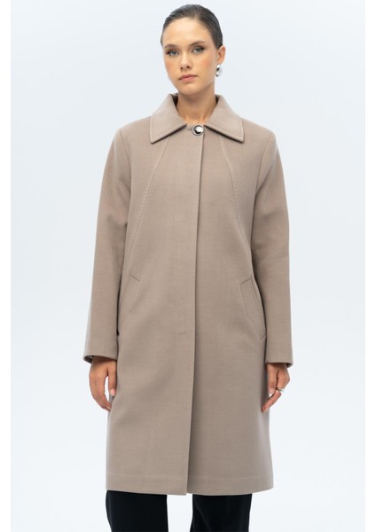 Gömlek Yaka Punto Detaylı Büyük Beden Kaban Vizon 3117