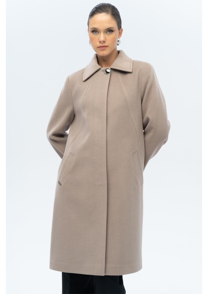 Gömlek Yaka Punto Detaylı Büyük Beden Kaban Vizon 3117 modelleri