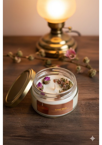 Lavanta ve Tomurcuk Gül Dekorlu Lavanta Kokulu Mum , Hediyelik Mum